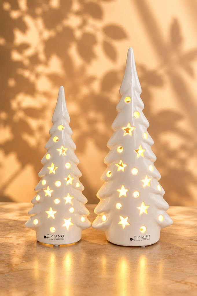 2er Set Dekobaum Trissino LED 40+48cm creme-weiß