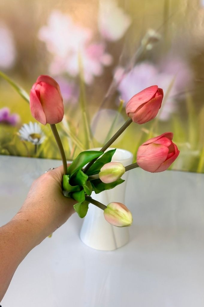 Deko 5er Tulpenbund mit Blatt 34cm pink