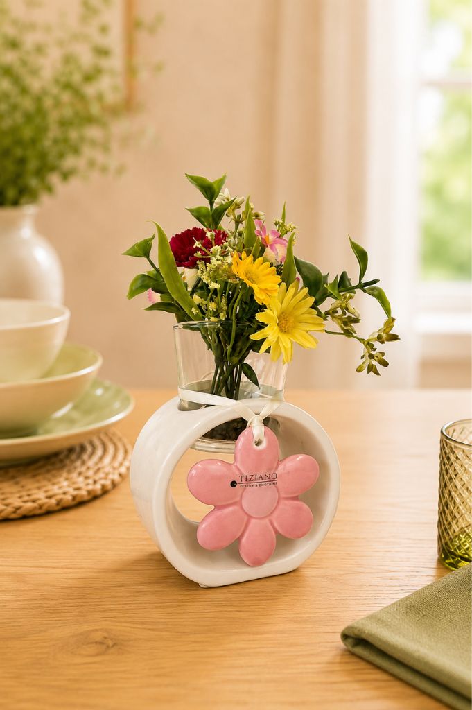 Dekoset Teelichthalter Vago rund+Blumen+Hänger Piana rosa