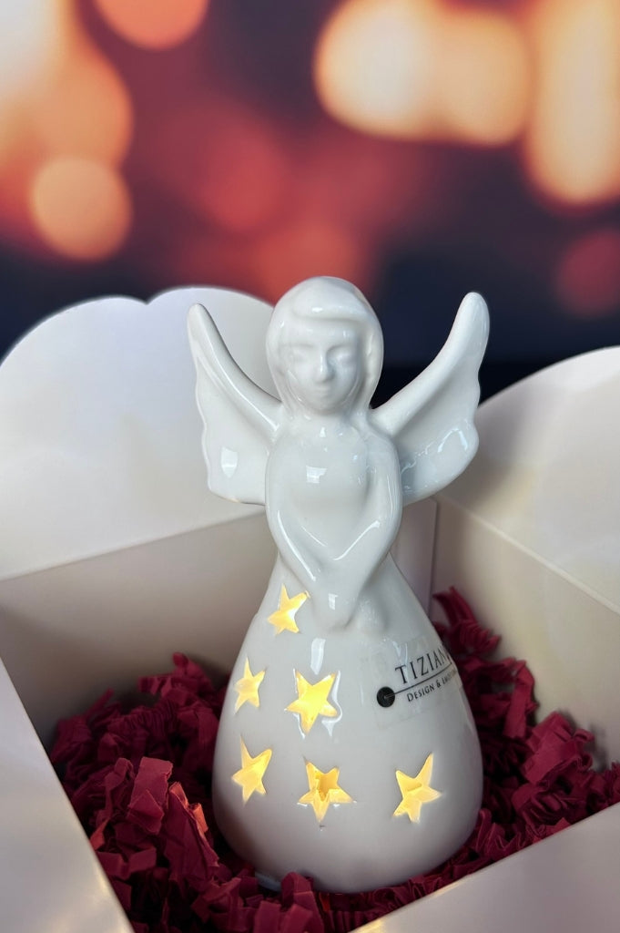 Würfelbox Deko Engel Farina LED 10cm creme-weiß