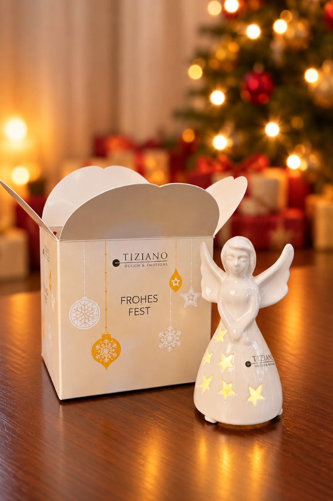 Würfelbox Deko Engel Farina LED 10cm creme-weiß