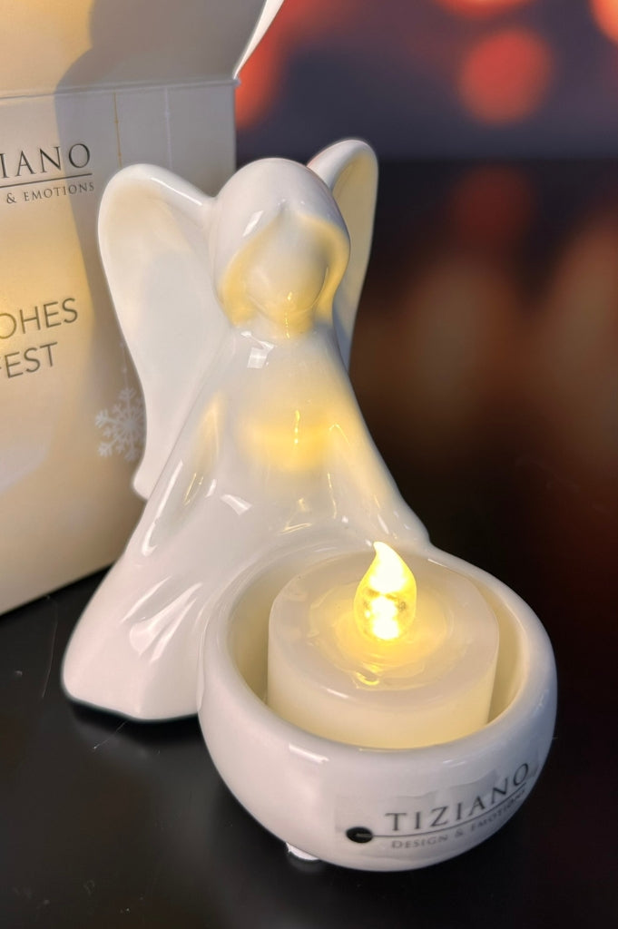 Würfelbox Deko Engel Grazia sitzend mit Licht creme-weiß