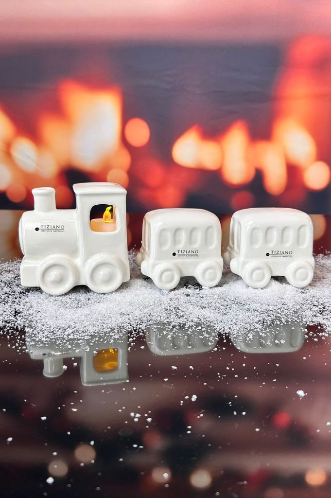 D15 Deko Zug Jim mit LED Teelicht 11cm creme-weiß