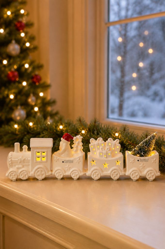 4er Set Lok Lukas mit 3 Waggons creme-weiß