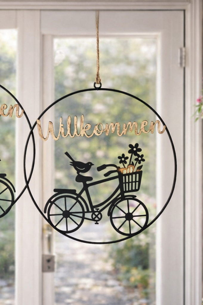 Metallhänger Willkommen mit Fahrrad und Vögelchen