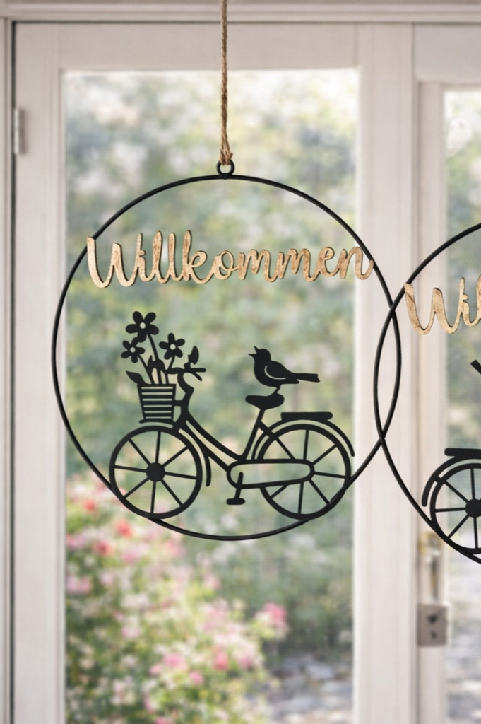 Metallhänger Willkommen mit Fahrrad und Vögelchen