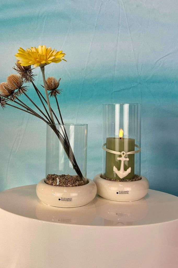 Windlicht Venezia creme-weiß mit Klarglas