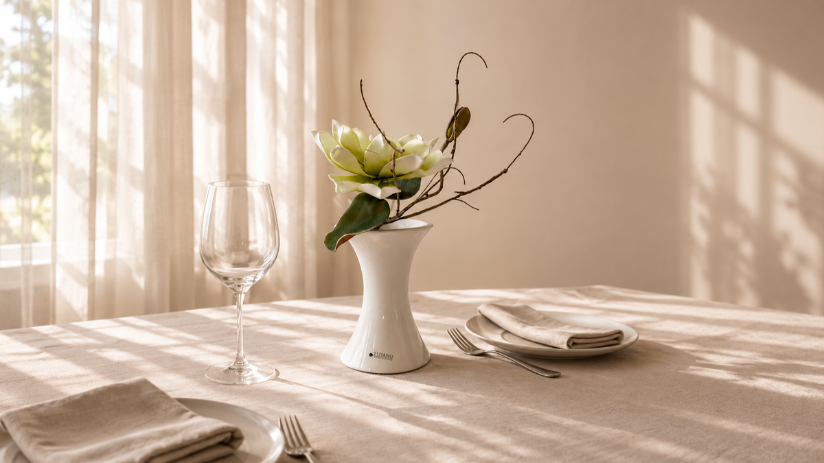 Gedeckter Tisch mit TIZIANO Vase und Blumenzweig im Sonnenlicht