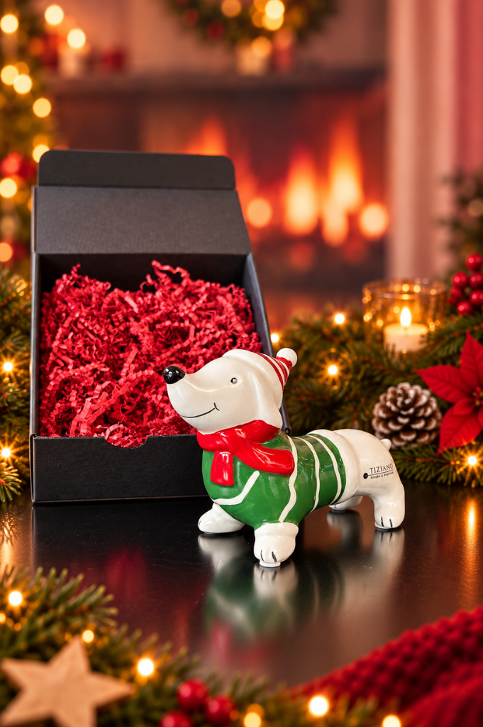 Geschenkbox Hund Rolf grüner Pullover