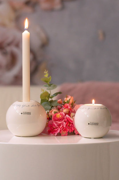 2er Set Teelicht Dolomiti 10+12cm mit Botschaft creme-weiß
