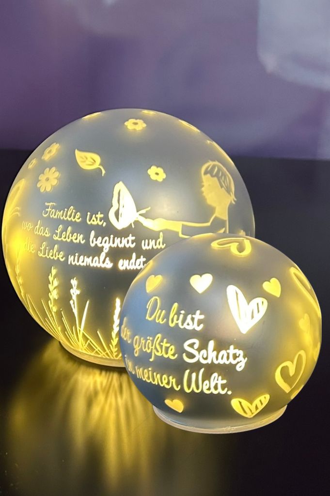 2er Set Glaskugel Roviano 13cm+15cm mit 2 Sprüchen