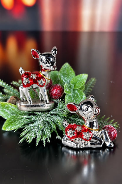 2er Set Deko Reh stehend+liegend pearl rot-silber