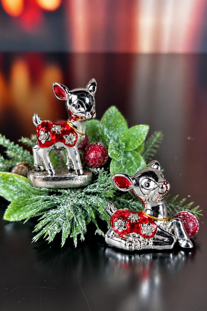 2er Set Deko Reh stehend+liegend pearl rot-silber