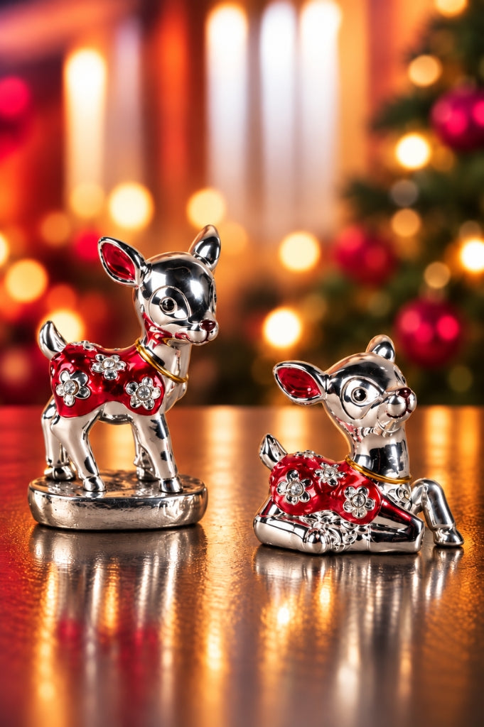 2er Set Deko Reh stehend+liegend pearl rot-silber