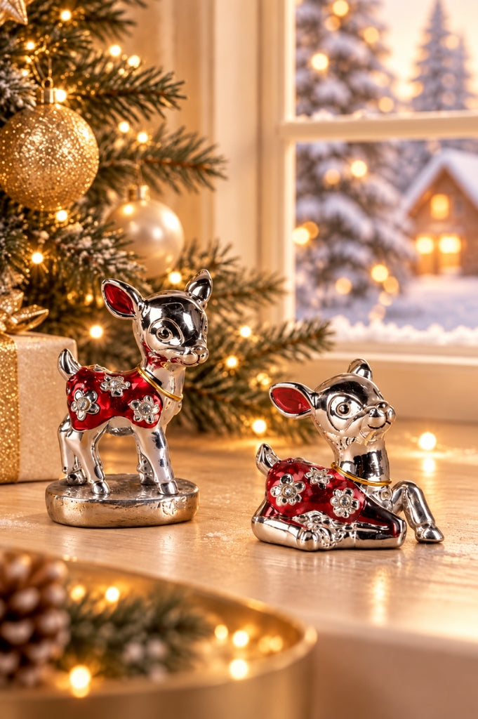 2er Set Deko Reh stehend+liegend pearl rot-silber