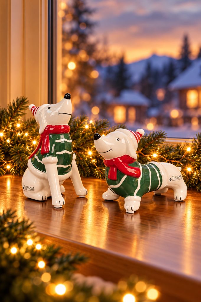 2er Set Deko Hund Rolf mit grünem Pulli
