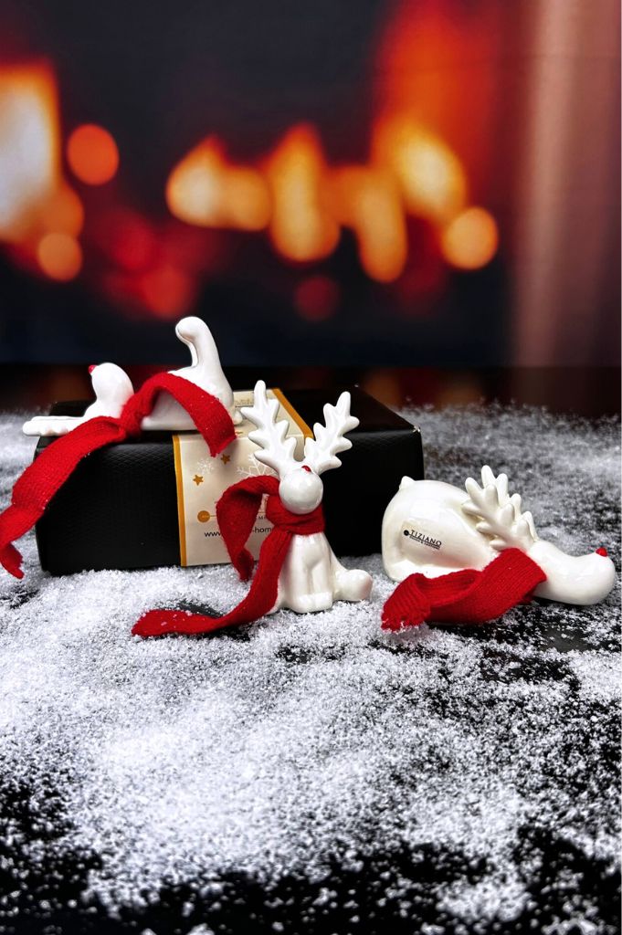 3er Set Rentier Rudolph 9cm creme-weiß mit Schal