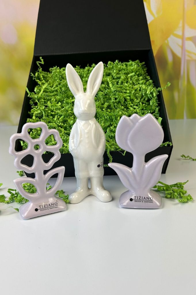 Geschenkbox M Blumen Mesola lila mit Hase Aldo creme