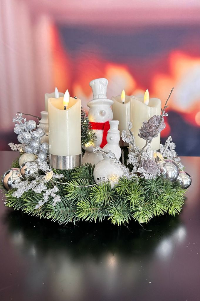 Adventskranz mit Kerze Sotto LED+Schneemann Sören+Bruno