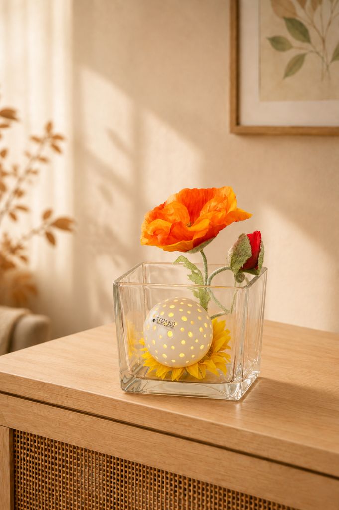 Dekoset Glas Alone mit LED Lichtkugel Padova und Blumen