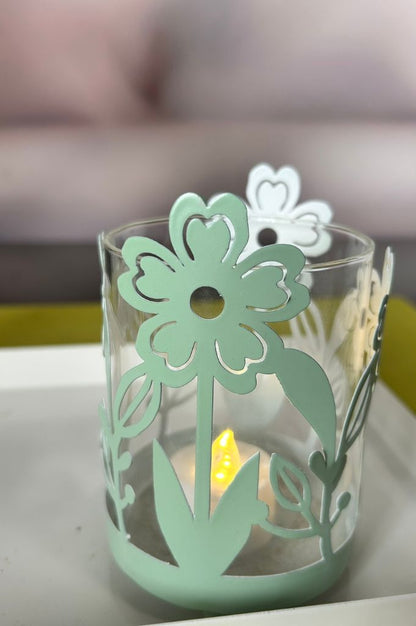 Windlicht Blume grün m. Glaseinsatz