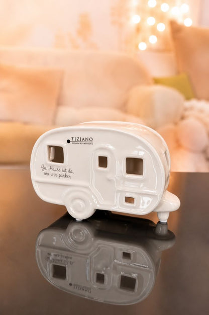 J13 Deko Wohnwagen Caso 16cm mit Schrift creme-weiß