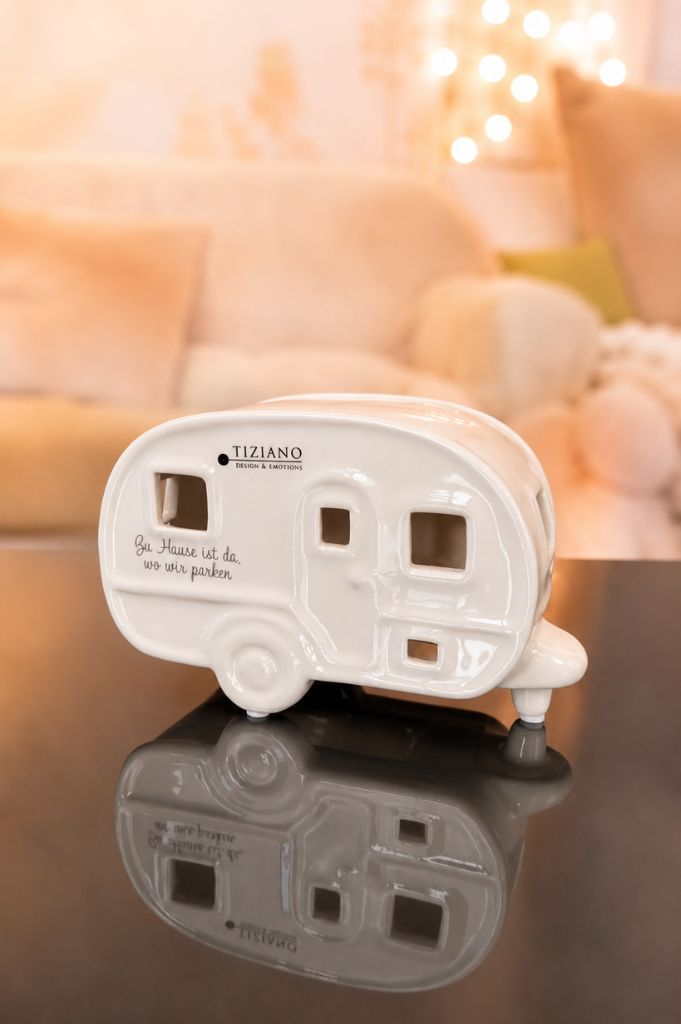 J13 Deko Wohnwagen Caso 16cm mit Schrift creme-weiß