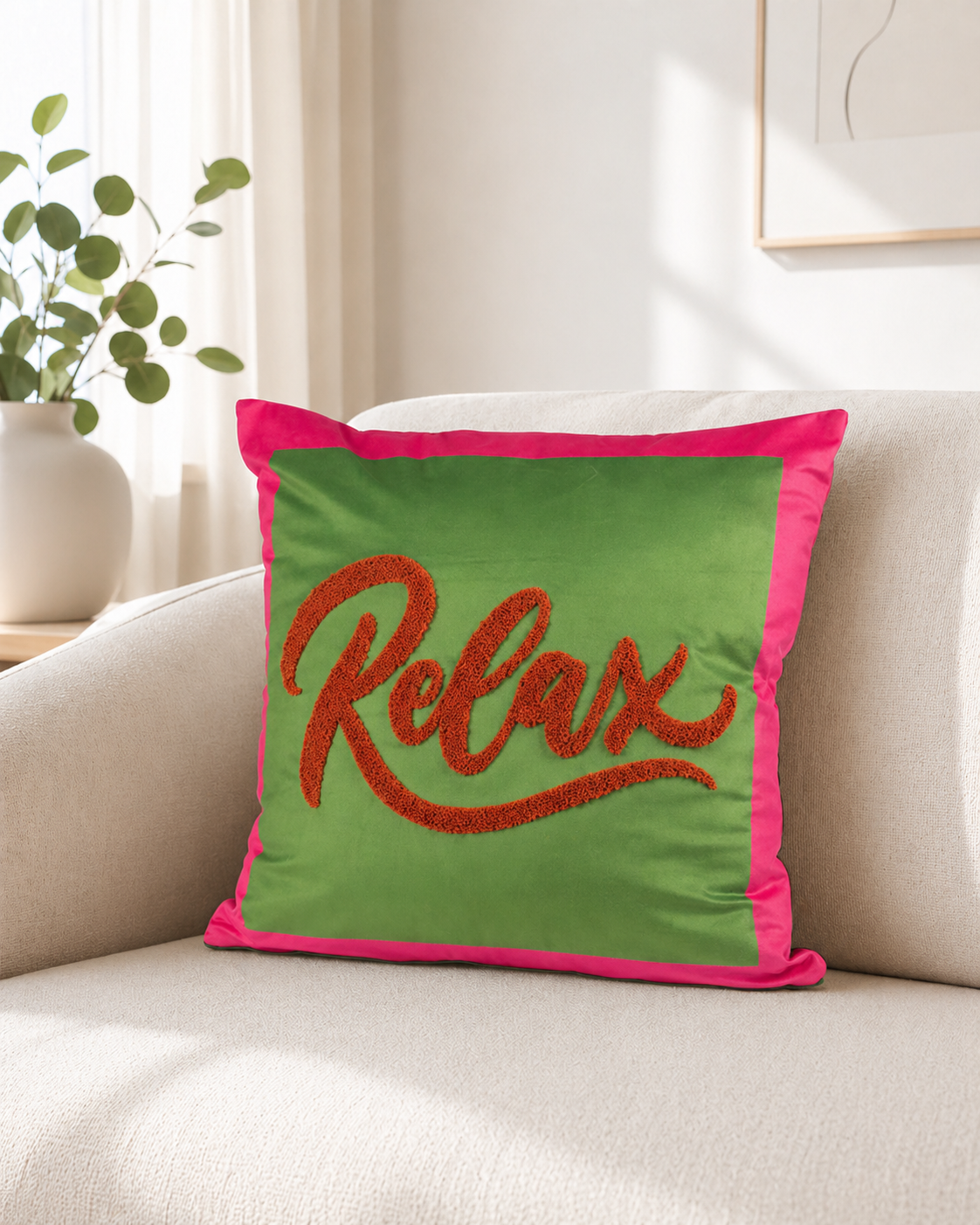 Deko Samtkissen beflockt 45cm mit Botschaft Relax