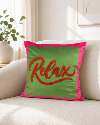 Deko Samtkissen beflockt 45cm mit Botschaft Relax