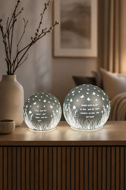 Deko Lichtkugel Cassano LED 12cm mit Sprüchen türkis