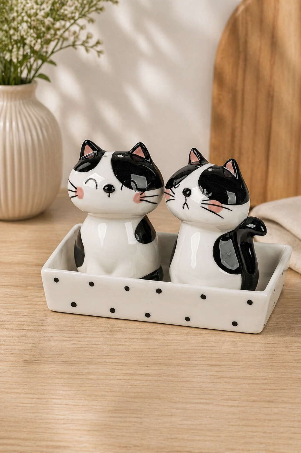 Deko Salz+Pfefferset mit Katzenpaar schwarz-weiß