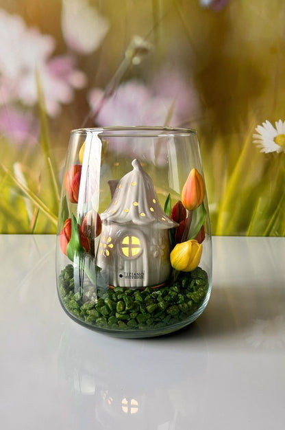 Dekoset Glasvase Collina mit Haus Solina LED creme-weiß