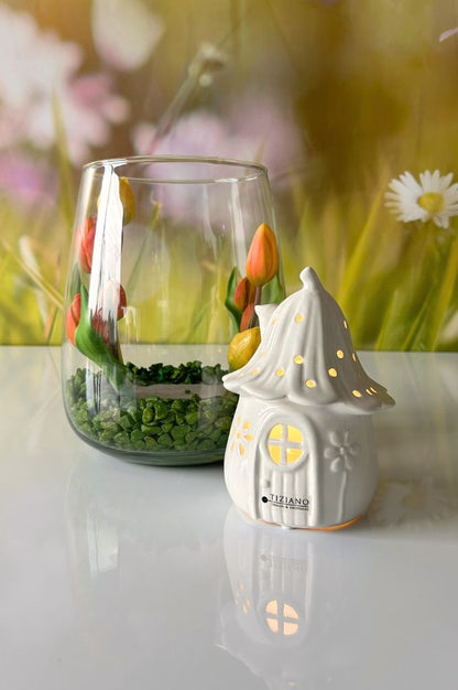 Dekoset Glasvase Collina mit Haus Solina LED creme-weiß