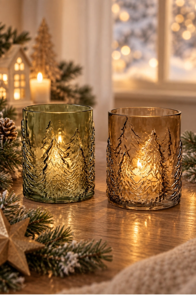 Deko Glas Windlicht 16cm mit Tanne