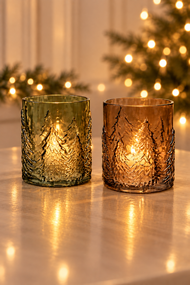 Deko Glas Windlicht 16cm mit Tanne