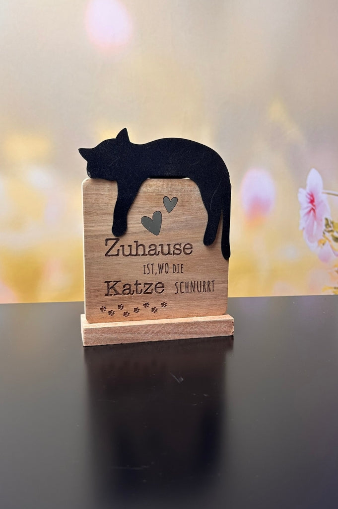 Deko Holzobjekt mit Metallkatze+Schrift
