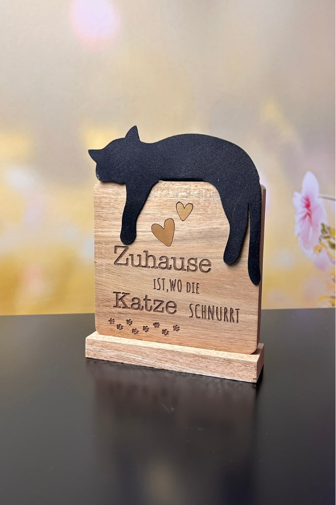 Deko Holzobjekt mit Metallkatze+Schrift