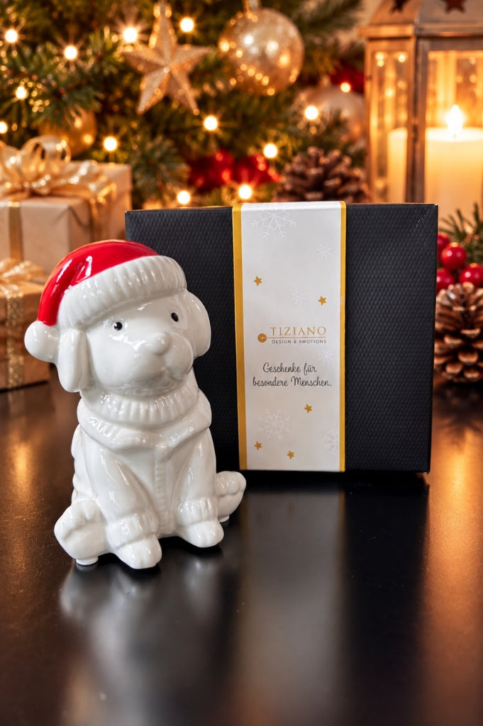 Deko Hund Rocky mit roter Mütze in Geschenkkarton