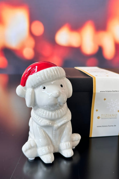 Deko Hund Rocky mit roter Mütze in Geschenkkarton