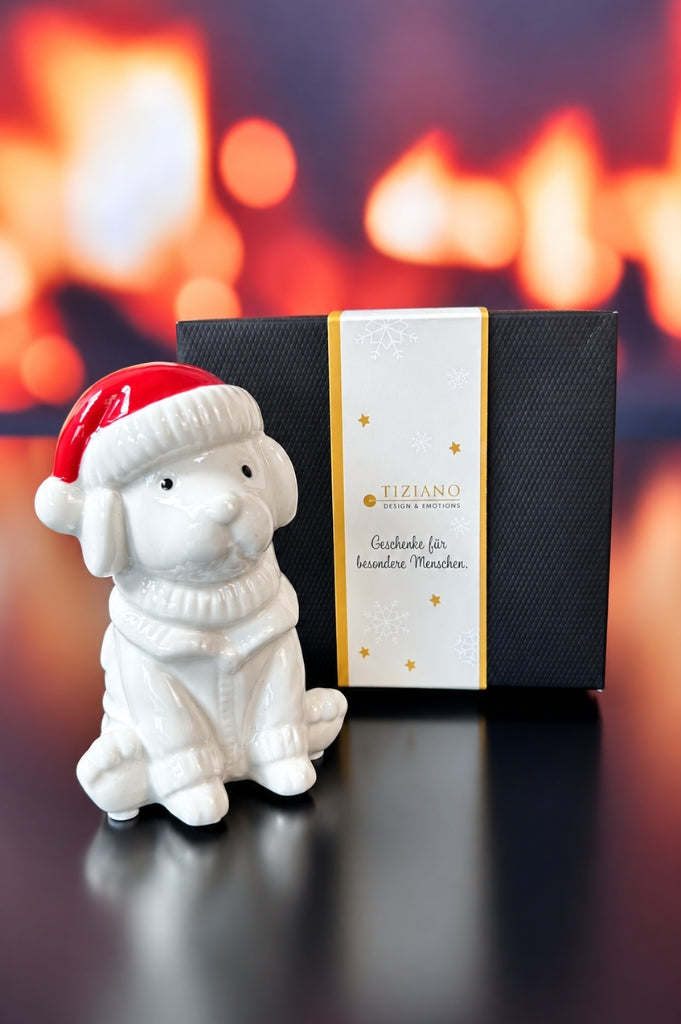Deko Hund Rocky mit roter Mütze in Geschenkkarton