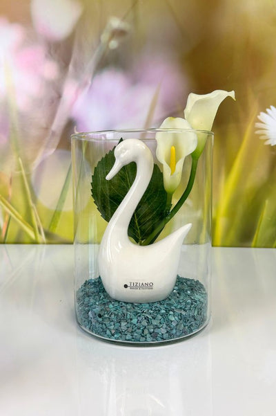 Dekoset Glasvase Nostra klar+Schwan Scarlett creme-weiß