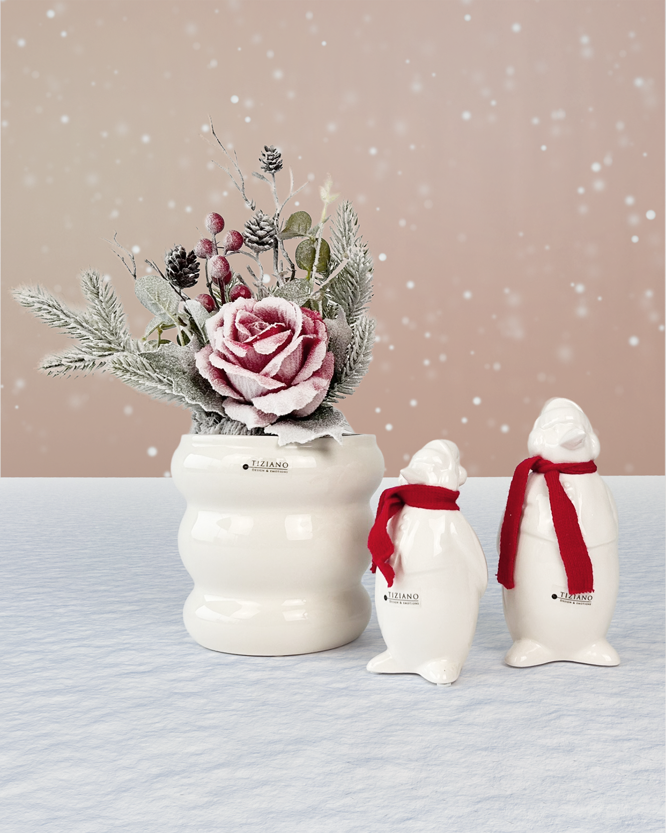 Dekoset Kübel Ronda+Pinguin Flocke mit rotem Schal