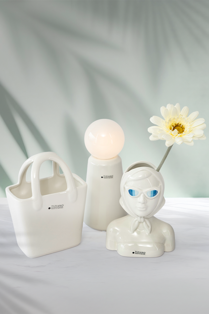 Dekoset Vase Cesta mit Lampe Luminara creme