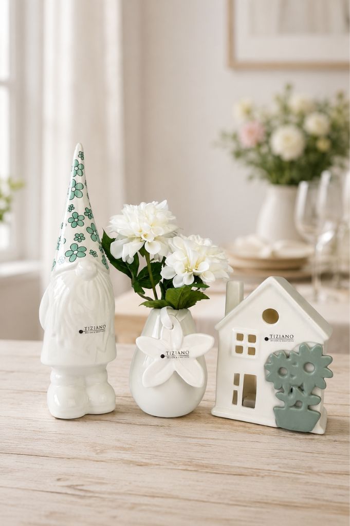 Dekoset Zwerg Geraldo mit Mütze Blume grün+Vase Rosalie