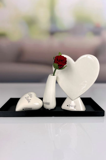 Dekoset Metallschale Legri+Torano mit Rose rot+Herz Amato