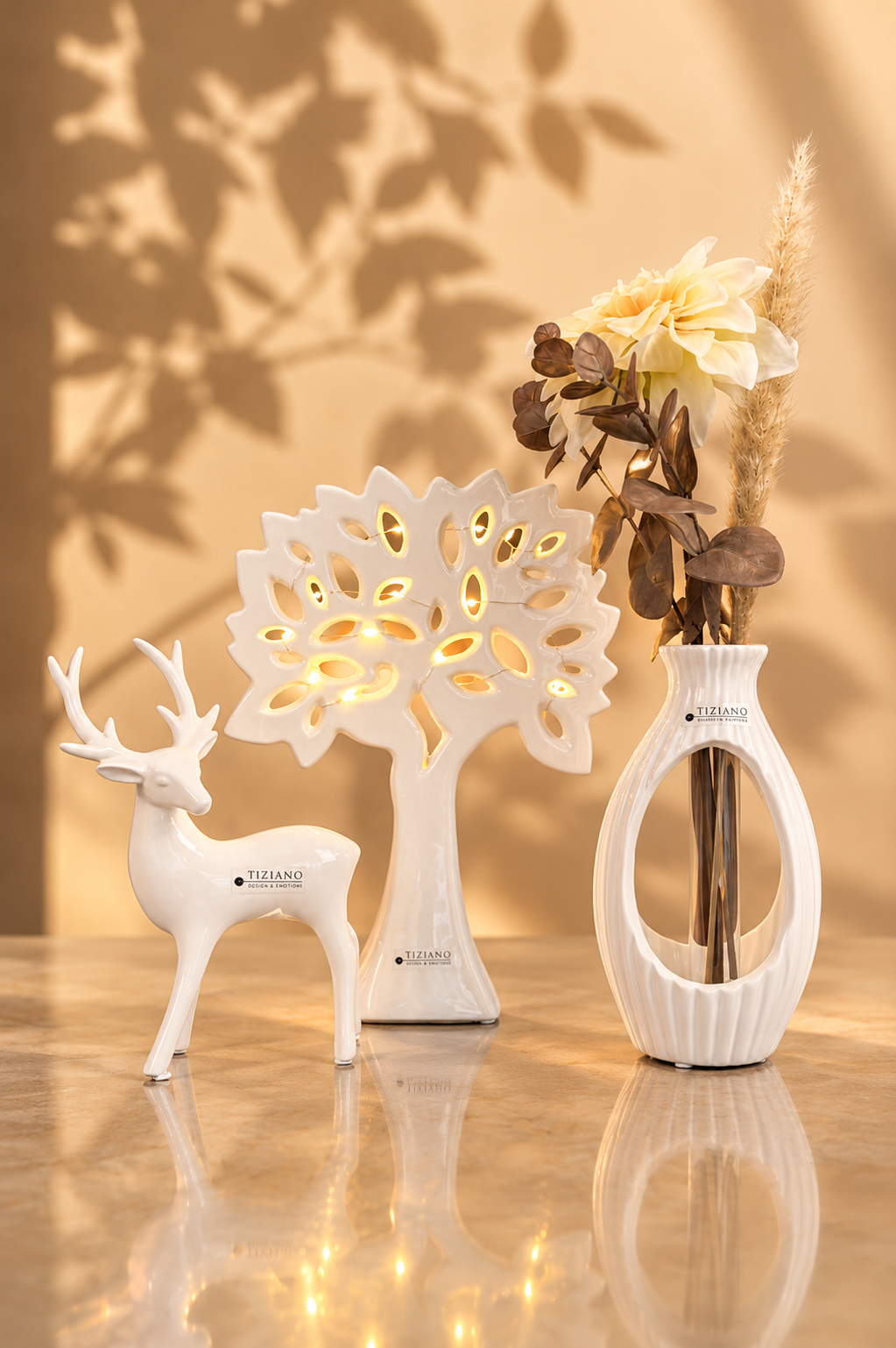Dekoset Vase Prisma mit Hirsch Riola und LED Baum Gavello
