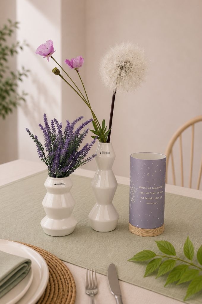Dekoset Vasen Silandro mit LED Licht lila "Kämpfe"+Blumen
