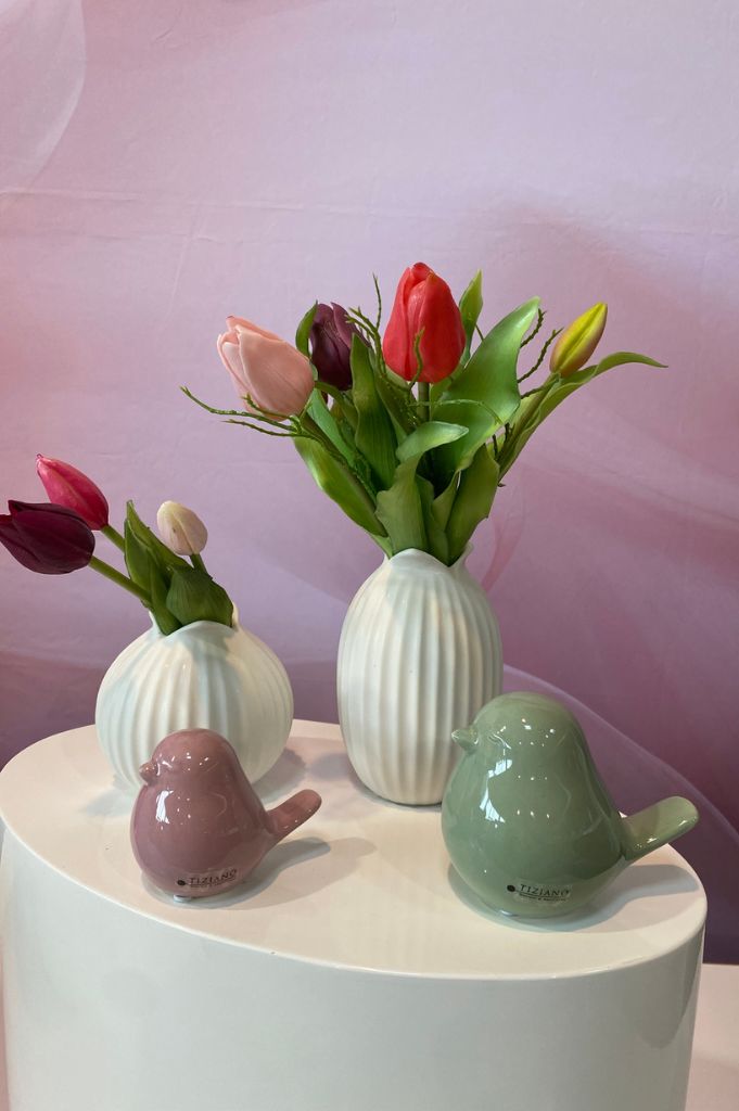 Dekoset Vogel Pallino mit weißen Vasen