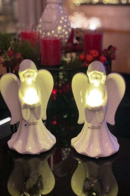 Deko 2er Engel Delia stehend 20cm mit LED Kugel creme-weiß