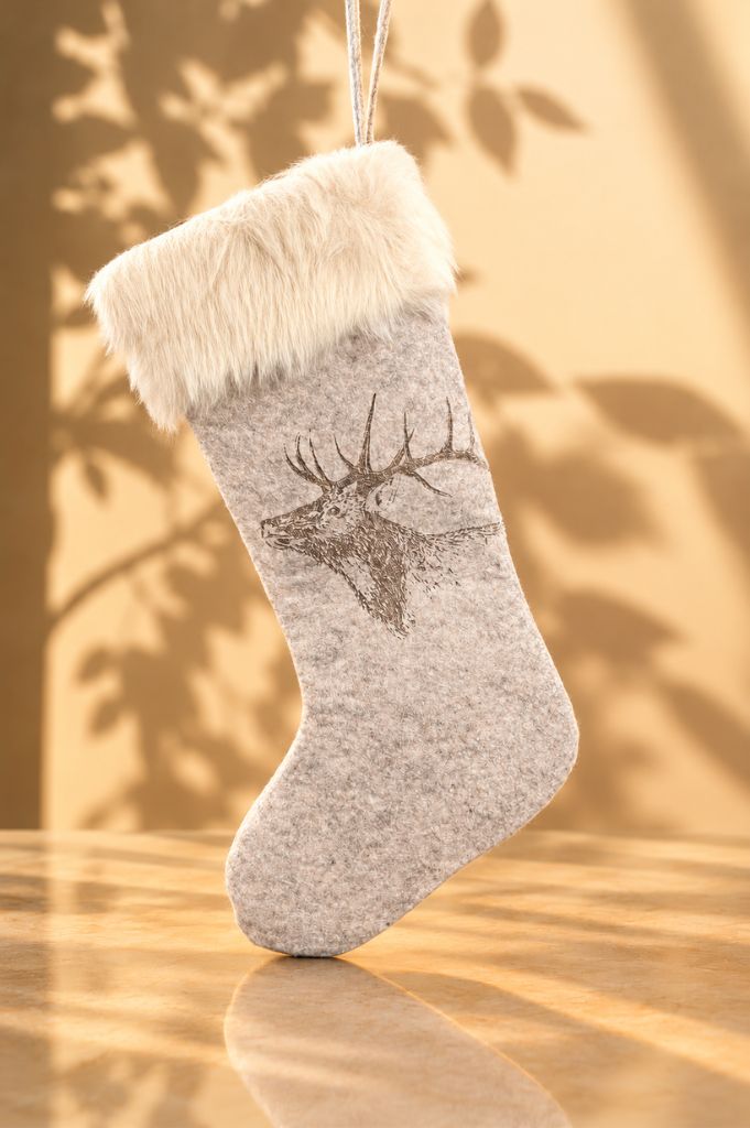 Deko-Filzstiefel "Hirsch" grau & creme